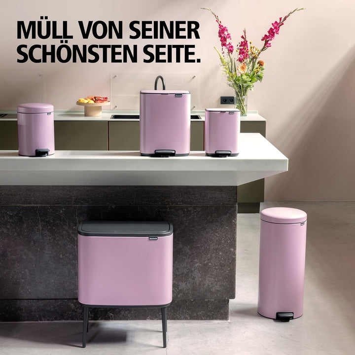 Brabantia Sort & Go Abfalleimer mit Deckel 12 L (Lilac Pink), platzsparender Pfandsammler mit Griff,