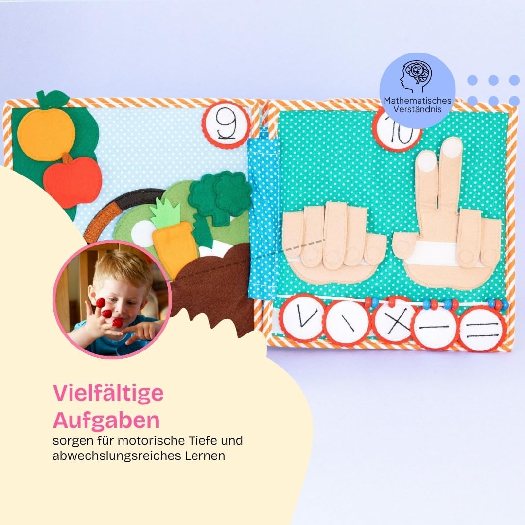 Jolly Designs – 1,2,3 – 10 Seiten Premium - Quiet Book – Montessori Spielzeug ab 3 Jahren – Motorik
