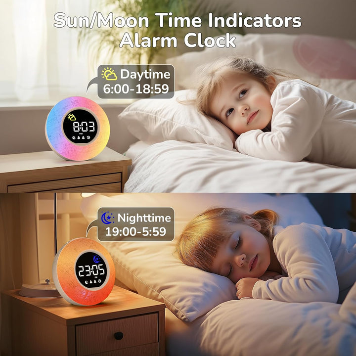 Wecker Digital, Kinderwecker mit Nachtlicht, 12 White Noise, 2 Alarmanzeige, Snooze und Timer, Einst