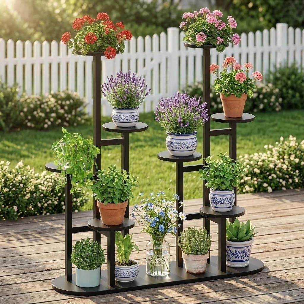 MIN WIN 100 cm Pflanzenständer Metall mit 8 Ebenen Pflanzenregal Blumenständer drinnen draussen Plat