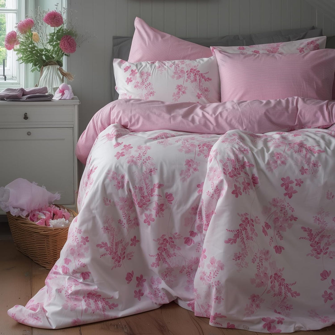 LERUUM Bettwäsche-Set 135x200 Baumwolle Reversibel Blumen Streifen Rosa Bettbezug (Rosa 135 x 200 +