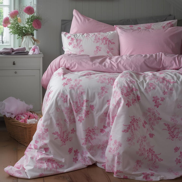 LERUUM Bettwäsche-Set 135x200 Baumwolle Reversibel Blumen Streifen Rosa Bettbezug (Rosa 135 x 200 +