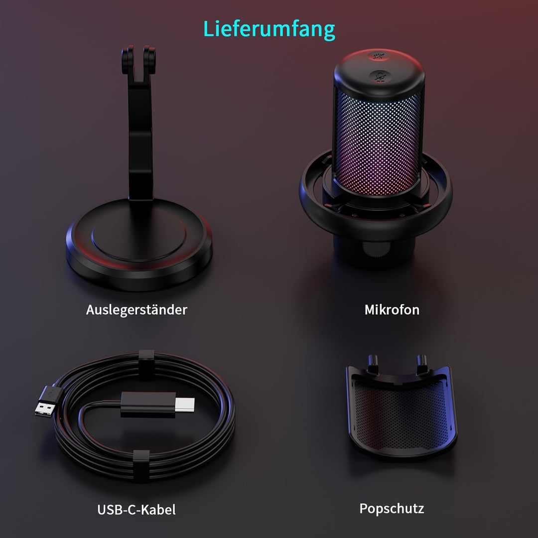 K KASONIC Gaming Mikrofon mit RGB-Beleuchtung, USB Kondensatormikrofon mit Pop-Filter für PC, Schnel