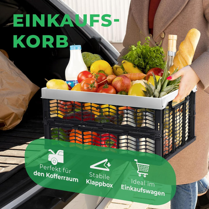 Novaliv Klappboxen faltbar stabil | 4x 30L Grau Schwarz baskets Einkaufskiste| Klappkisten Set Trage