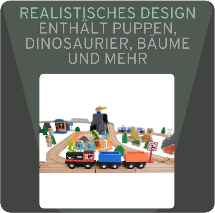 Bandits & Angels Holzeisenbahn-Set Dinosaurier 90 Teile ab 3 Jahren für Jungen und Mädchen – Holzeis