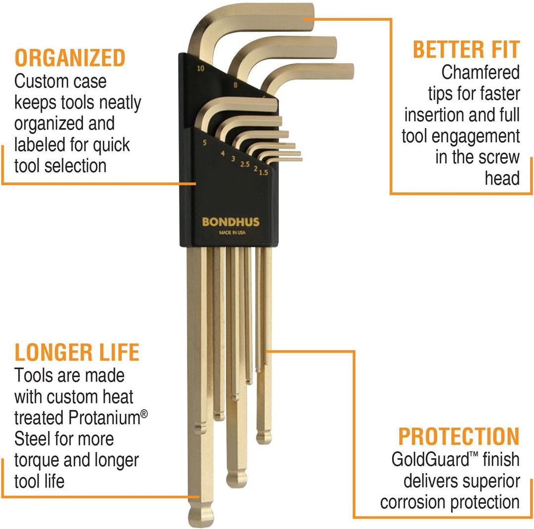 Bondhus 38099 GoldGuard Ballpoint L-Wrench, Gold, WS: 1.5, 2, 2.5, 3, 4, 5, 6, 8 und 10mm, WS: 1.5,