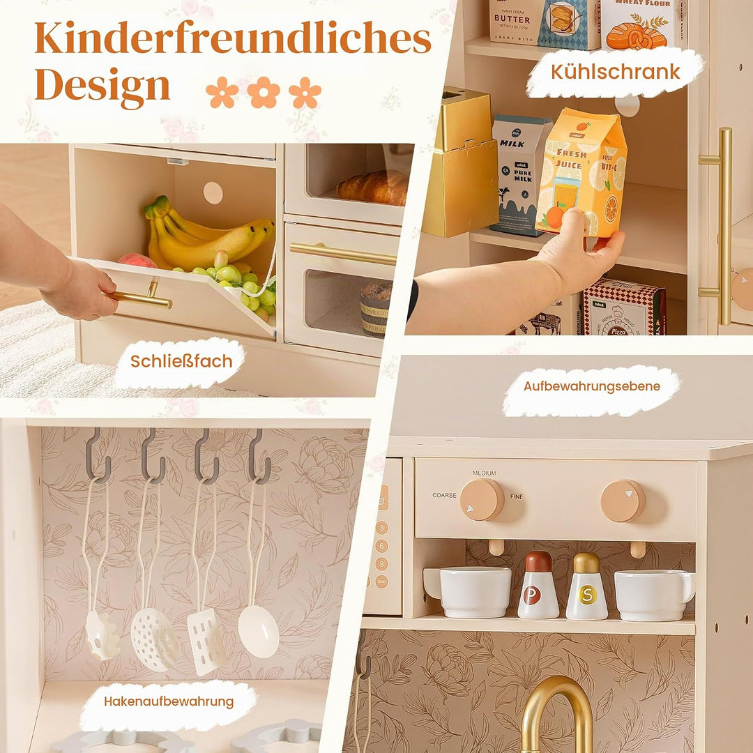 ROBUD Kinderküche aus Holz, Spielküche für Kinder mit 17 realistischen Zubehörteilen, Küchenspielzeu