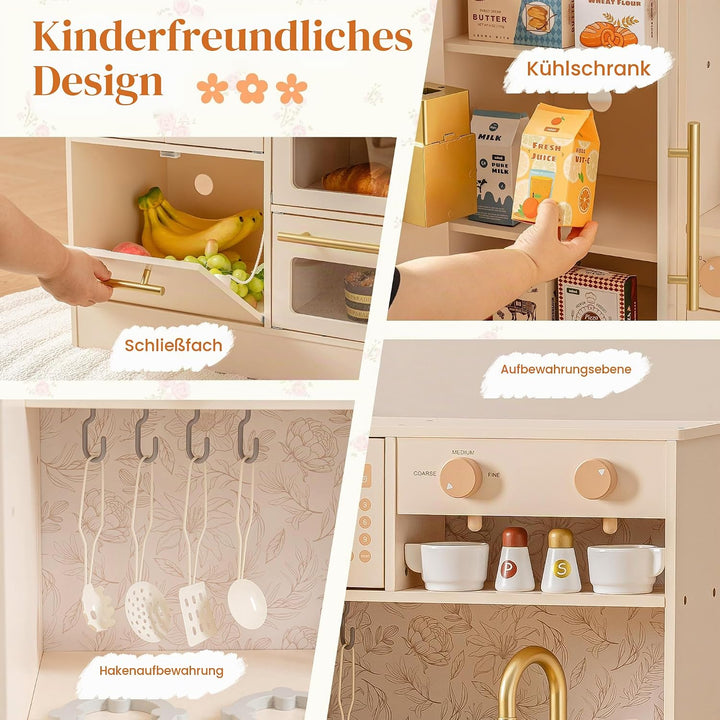ROBUD Kinderküche aus Holz, Spielküche für Kinder mit 17 realistischen Zubehörteilen, Küchenspielzeu