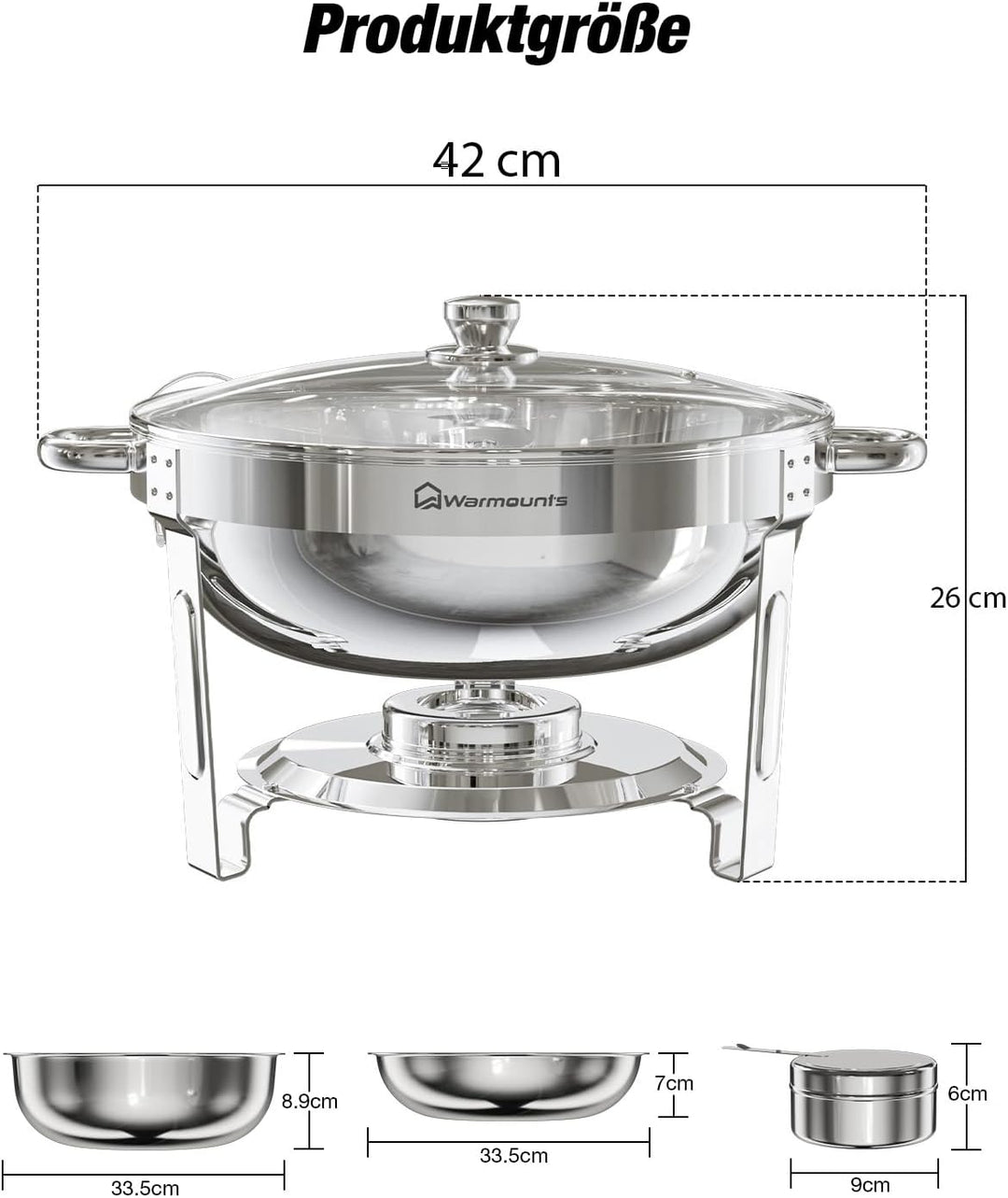 WARMOUNTS 4er Set Chafing Dish Buffet 5L, Rund Speisenwärmer für Catering mit Glasdeckel & Deckelhal