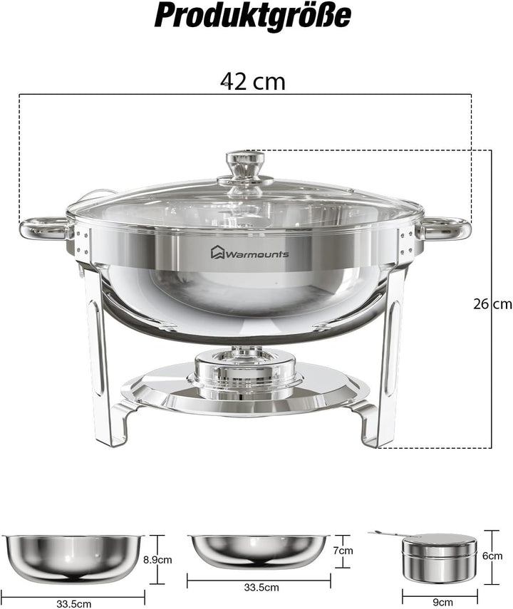 WARMOUNTS 4er Set Chafing Dish Buffet 5L, Rund Speisenwärmer für Catering mit Glasdeckel & Deckelhal