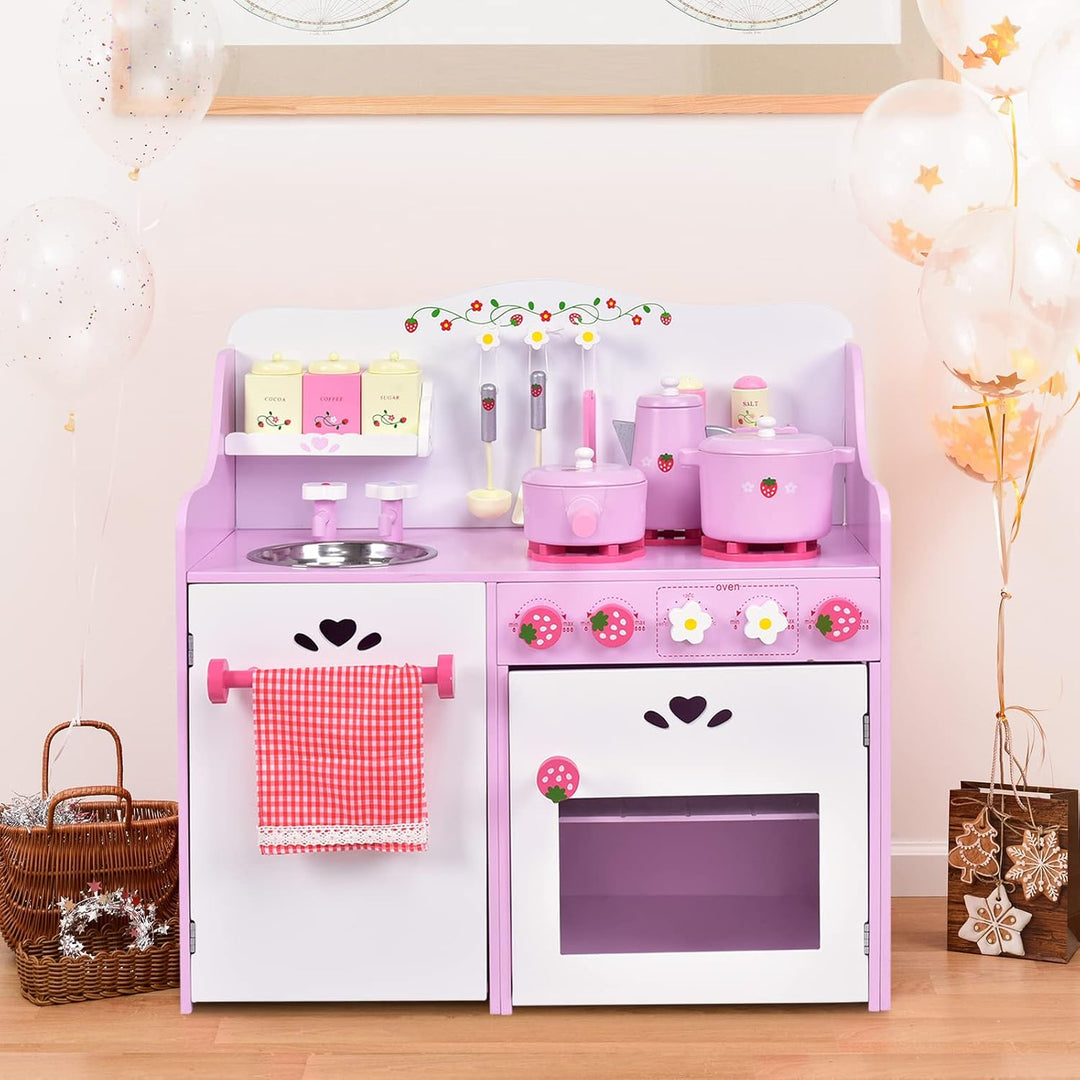 DREAMADE Kinderküche Spielküche aus Holz mit Spielzubehör, Kinderspielküche mit Waschbecken Herd Bac