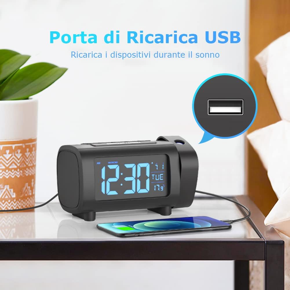LIORQUE Projektionswecker Radiowecker Digital Wecker mit Radio Snooze Wochenendmodus Temperatur USB