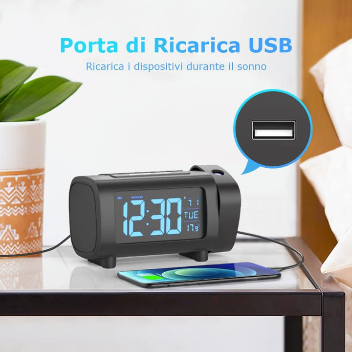 LIORQUE Projektionswecker Radiowecker Digital Wecker mit Radio Snooze Wochenendmodus Temperatur USB