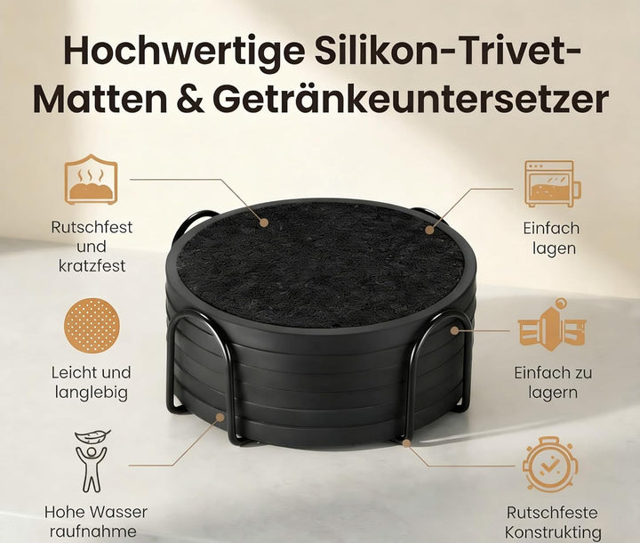 Silikon-Untersetzer Set 6 Stück - rutschfeste Getränkeuntersetzer mit 6 Saugfähigen Filzeinsätzen (S