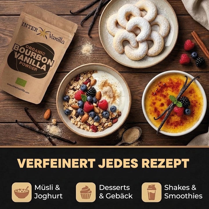 InterVanilla BIO Bourbon Vanillepulver, 50g Bourbon Vanille Pulver gemahlen. Vanilla Powder aus Mada