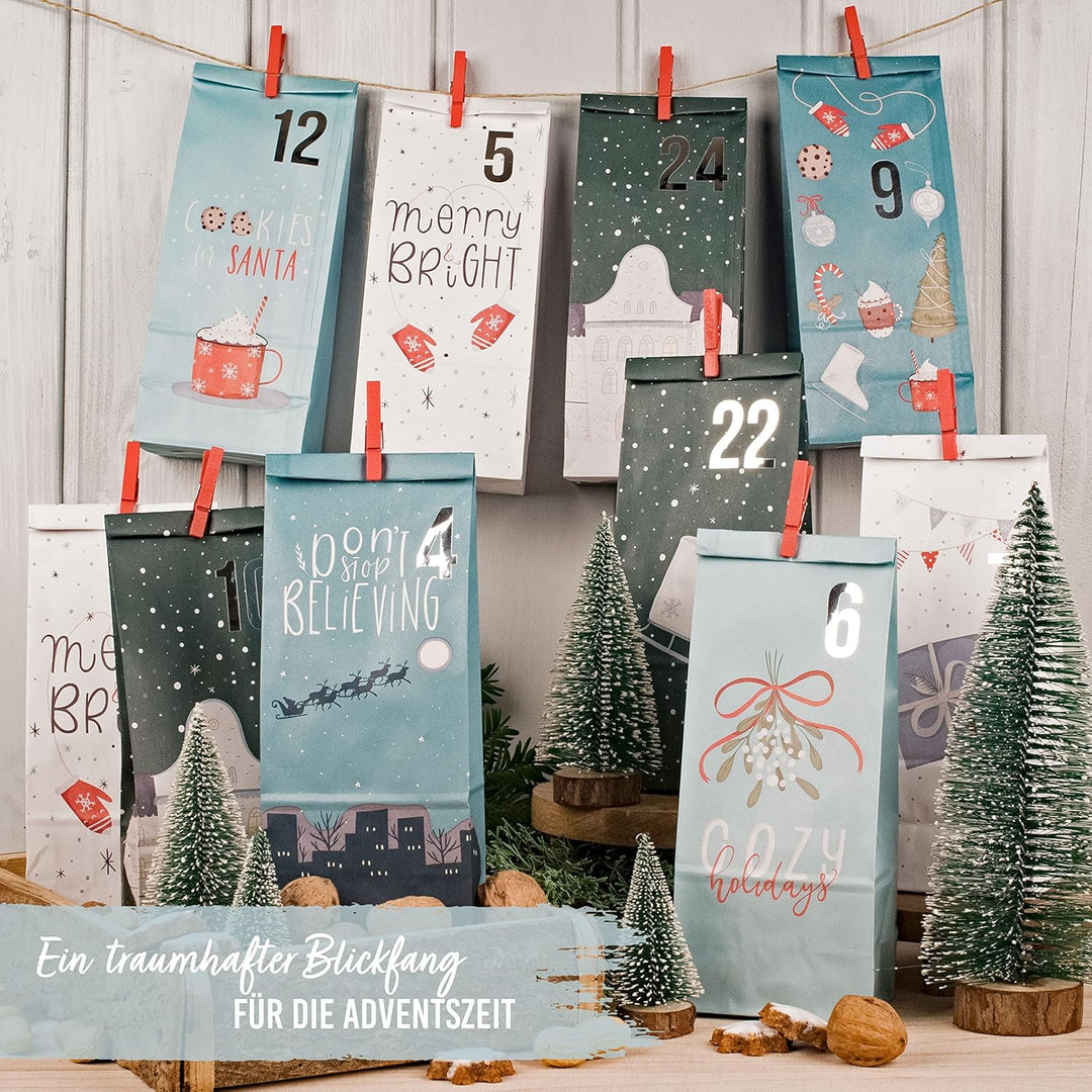 Papierdrachen Adventskalender 2025 zum Befüllen - 24 Papiertüten in Blau mit Zahlenaufklebern & Klam