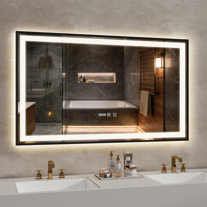 YU YUSING Badspiegel mit Beleuchtung 100x60cm, LED Wandspiegel mit Beschlagfrei, 3 Lichtfarben Dimmb