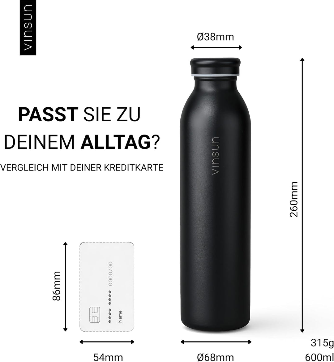 Vinsun Thermosflasche 600ml Schwarz - auslaufsicher, Kohlensäure geeignet | leichte Edelstahl Trinkf