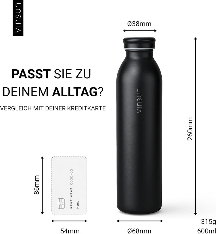 Vinsun Thermosflasche 600ml Schwarz - auslaufsicher, Kohlensäure geeignet | leichte Edelstahl Trinkf
