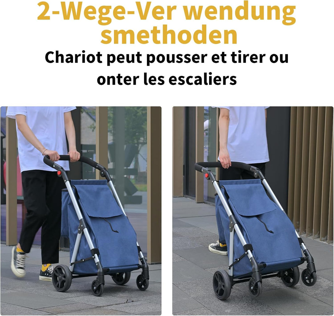 Einkaufstrolley, 46L Trolly Einkaufswagen Klappbar, 4 Rädern Aluminium Leichtgewicht Einkaufstrolley