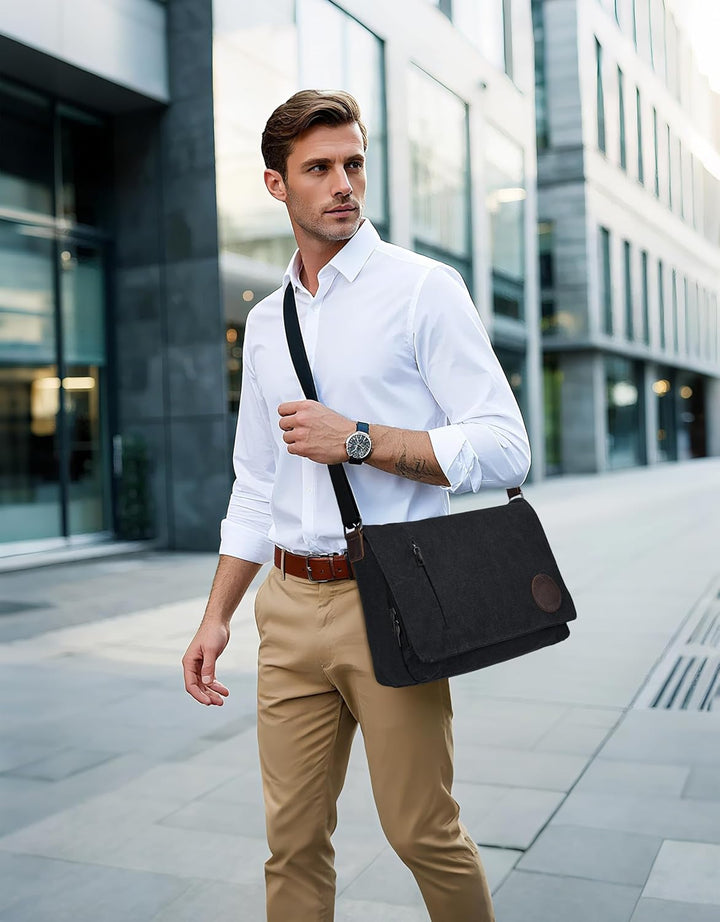 Leathario Umhängetasche Herren 14 Zoll, Messenger Bag aus Echtleder und Canvas, Arbeitstasche Studen