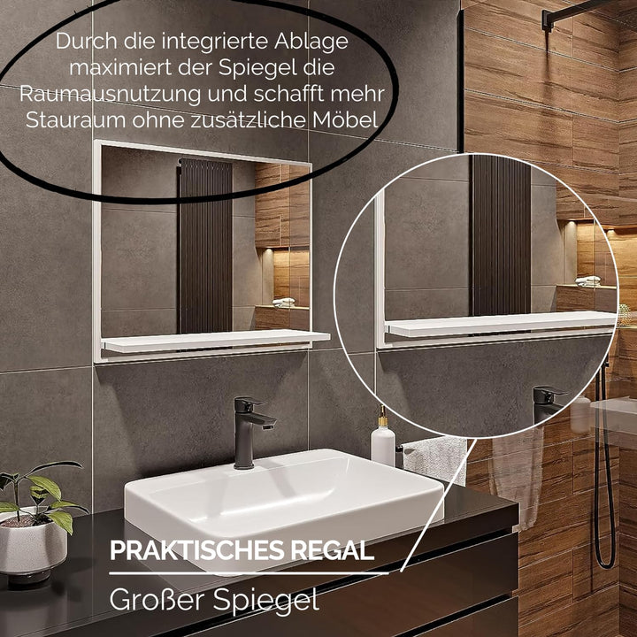 HAJDUK FURNITURE Badspiegel mit Ablage Weiss - H:50 x B: 60 cm - Bathroom Mirror - Moderner Badezimm