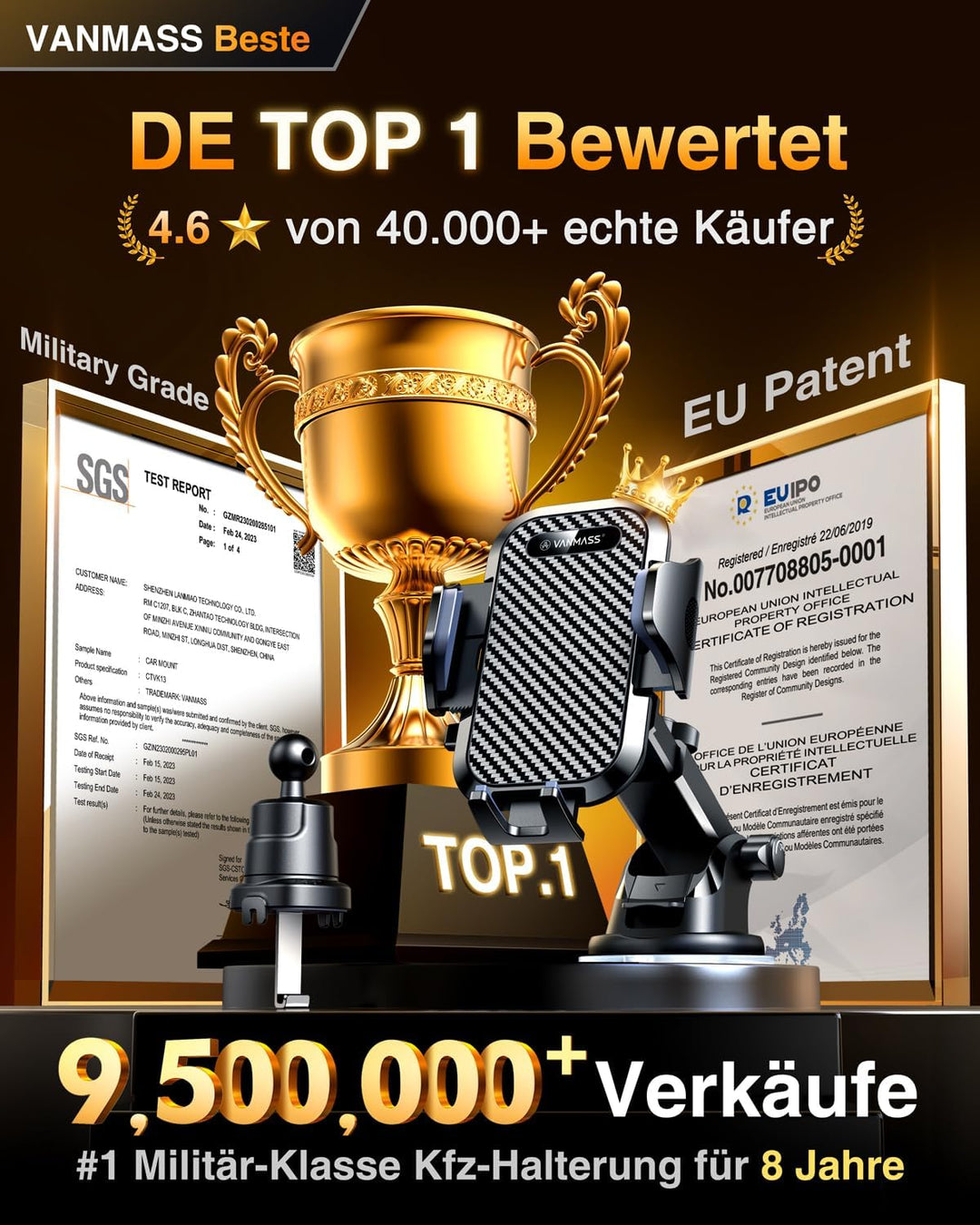 VANMASS [2023 Patent Pro] Universal Handyhalterung Auto [Upgrade SGS-Militärstandard Stossfest] 360°