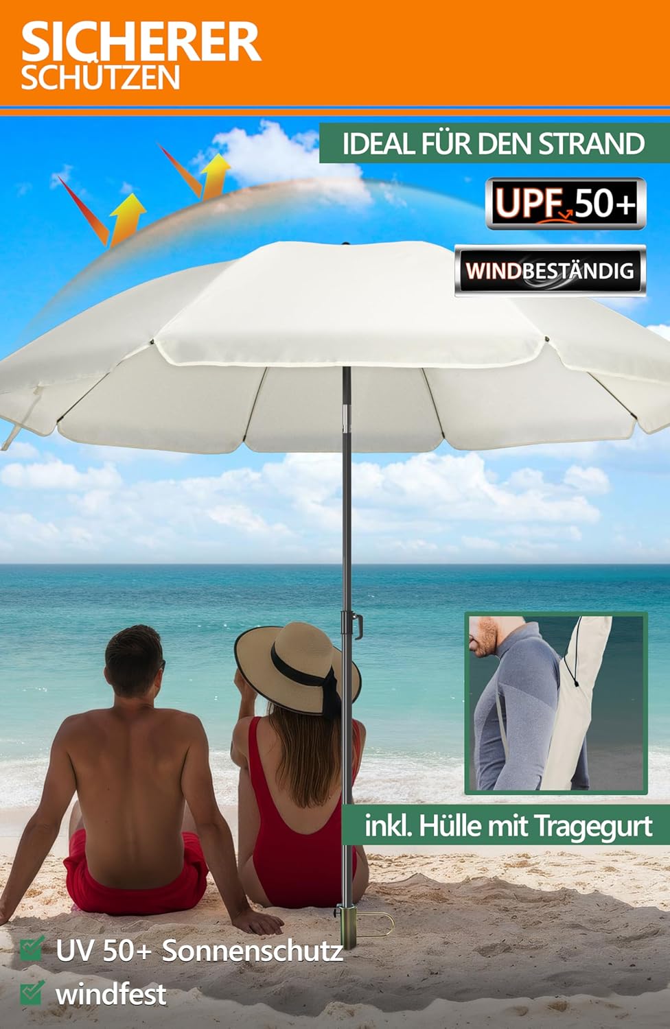4smile SunnyJoy Sonnenschirm Strand 180 cm, Strandschirm windfest stabil in Beige, inkl. Rasendorn S
