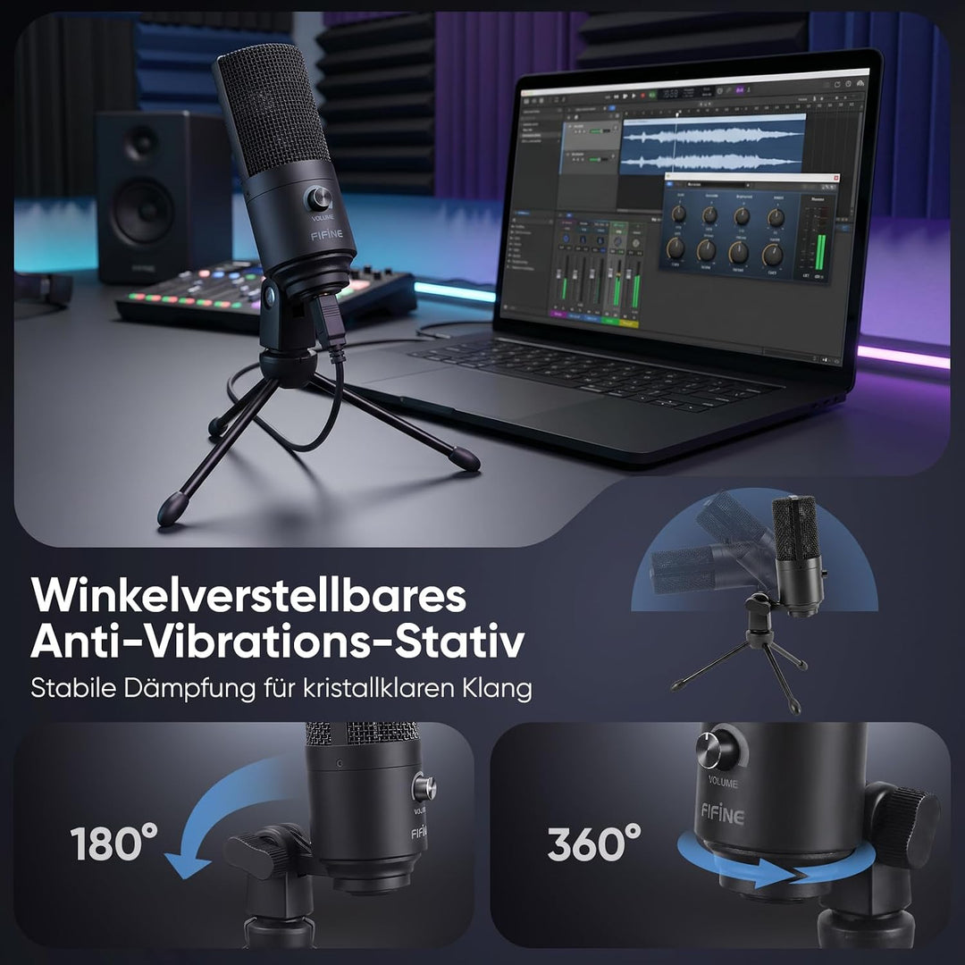 FIFINE USB Mikrofon PC Streaming, Podcast Microphone mit Ständer für MAC PS4 PS5, Kondensator Microf