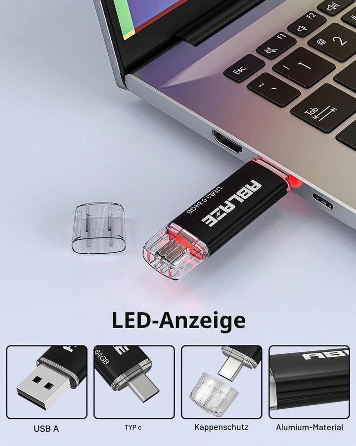 10 Stück USB C Stick 64GB OTG 2.0, ABLAZE Dual Speicherstick 2-IN-1 | für Type-C Handy/Smartphone/La