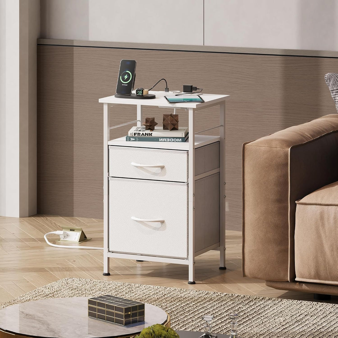 WLIVE Nachttisch Weiss mit Steckdose, Beistelltisch mit 2 Stoff-Schubladen und Ablage, Metallrahmen,