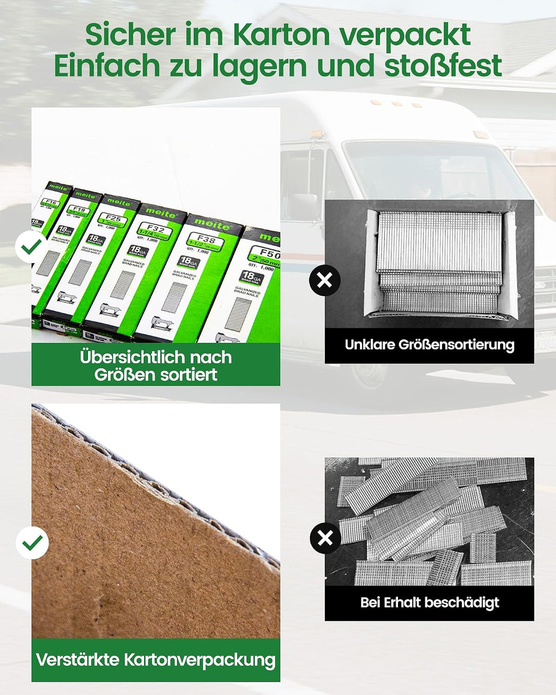 meite Stauchkopfnägel 18GA, 6.000 Stück Sortiment in 6 Grössen (16mm, 19mm, 25mm, 32mm, 38mm, 50mm),
