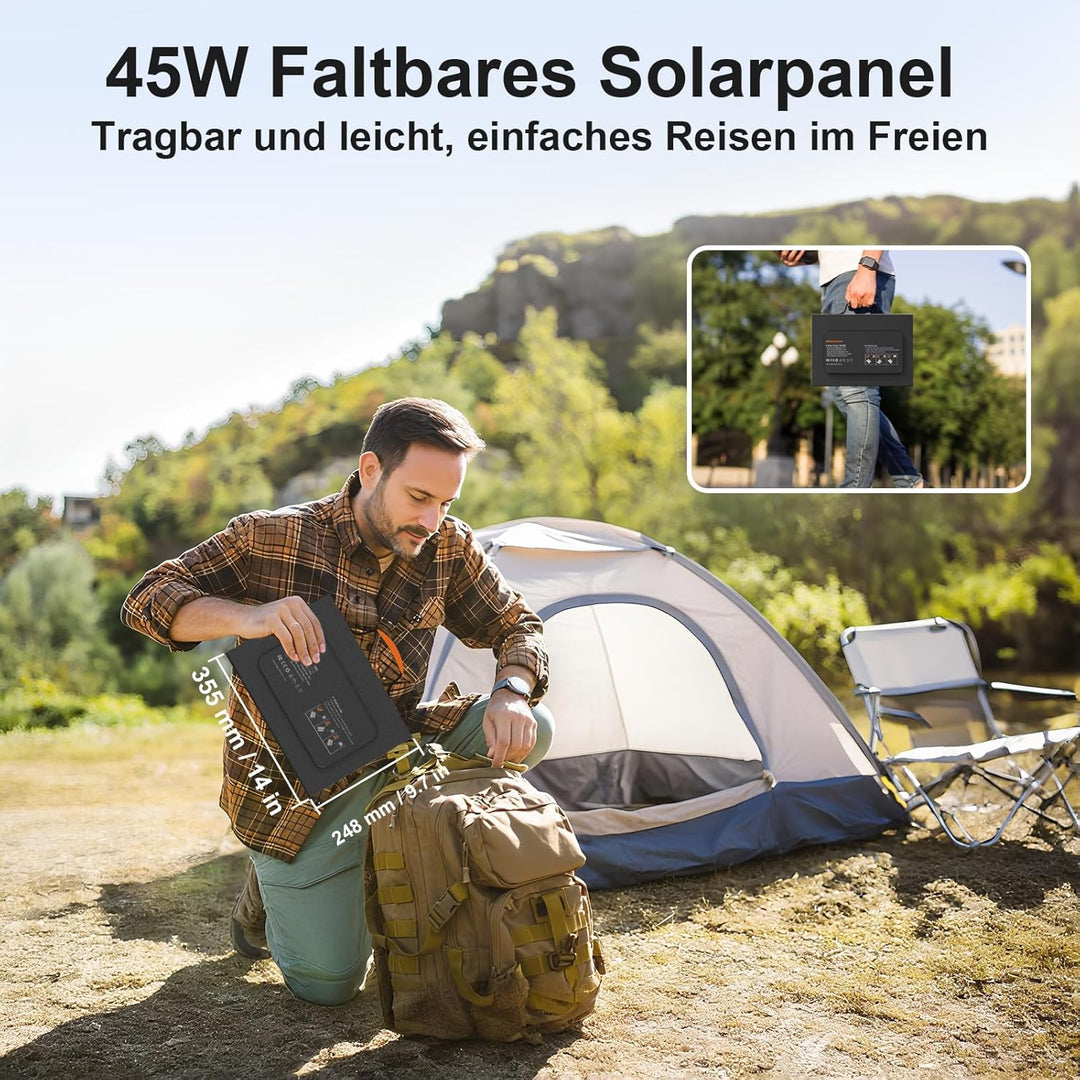 45W 18V Tragbares Solarpanel-Ladegerät mit USB-C, USB-A und DC-Ausgängen, IP67 Wasserdichte Faltbare