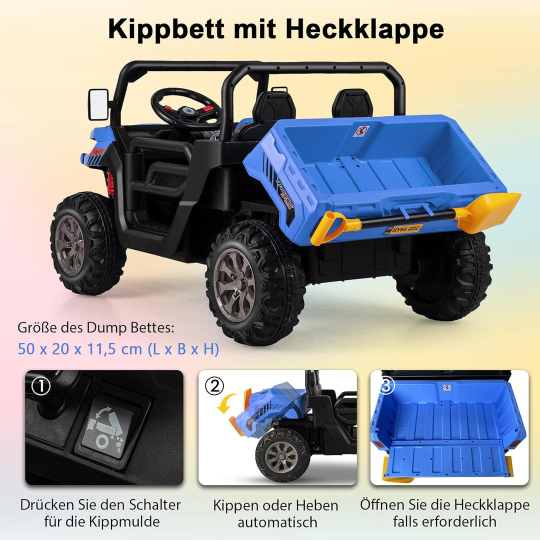 GOPLUS Kinder Elektroauto, 2-Sitzer Kinderauto mit Kippbett & Schaufel, Fernbedienung, Musik, Schein