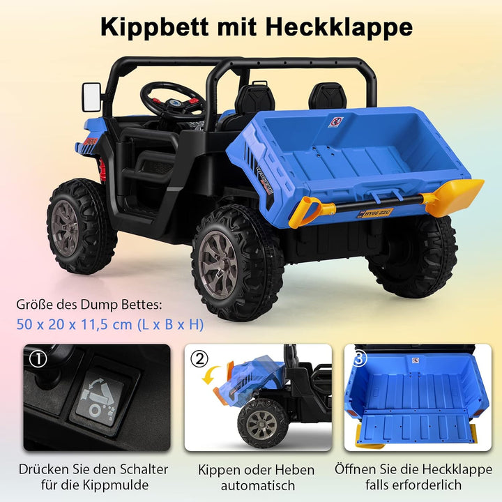 GOPLUS Kinder Elektroauto, 2-Sitzer Kinderauto mit Kippbett & Schaufel, Fernbedienung, Musik, Schein