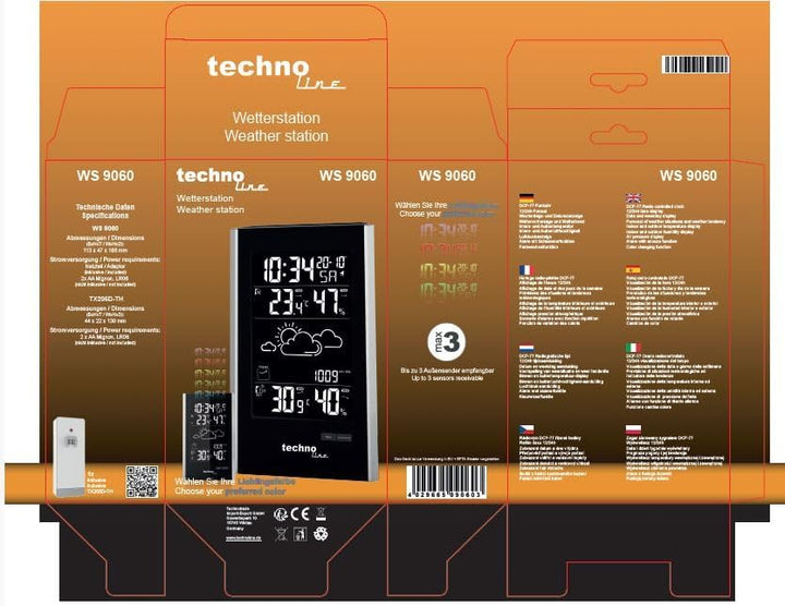 Technoline WS9060 moderne Wetterstation inklusive Aussensender TX205D-TH, Farbe der Darstellung wähl
