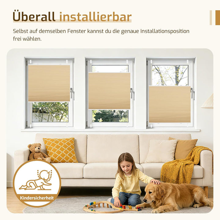 Grandekor Wabenplissee ohne Bohren Weiss-Beige 45x110cm (BxH) | Verdunklungsplissee Klemmfix Plissee
