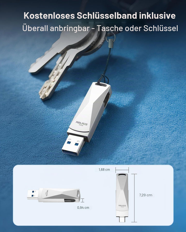 ABLAZE 64 GB USB C Stick, Dual USB 3.0 + Typ C, kompatibel mit iPhone 16/15, Android-Smartphones, Co