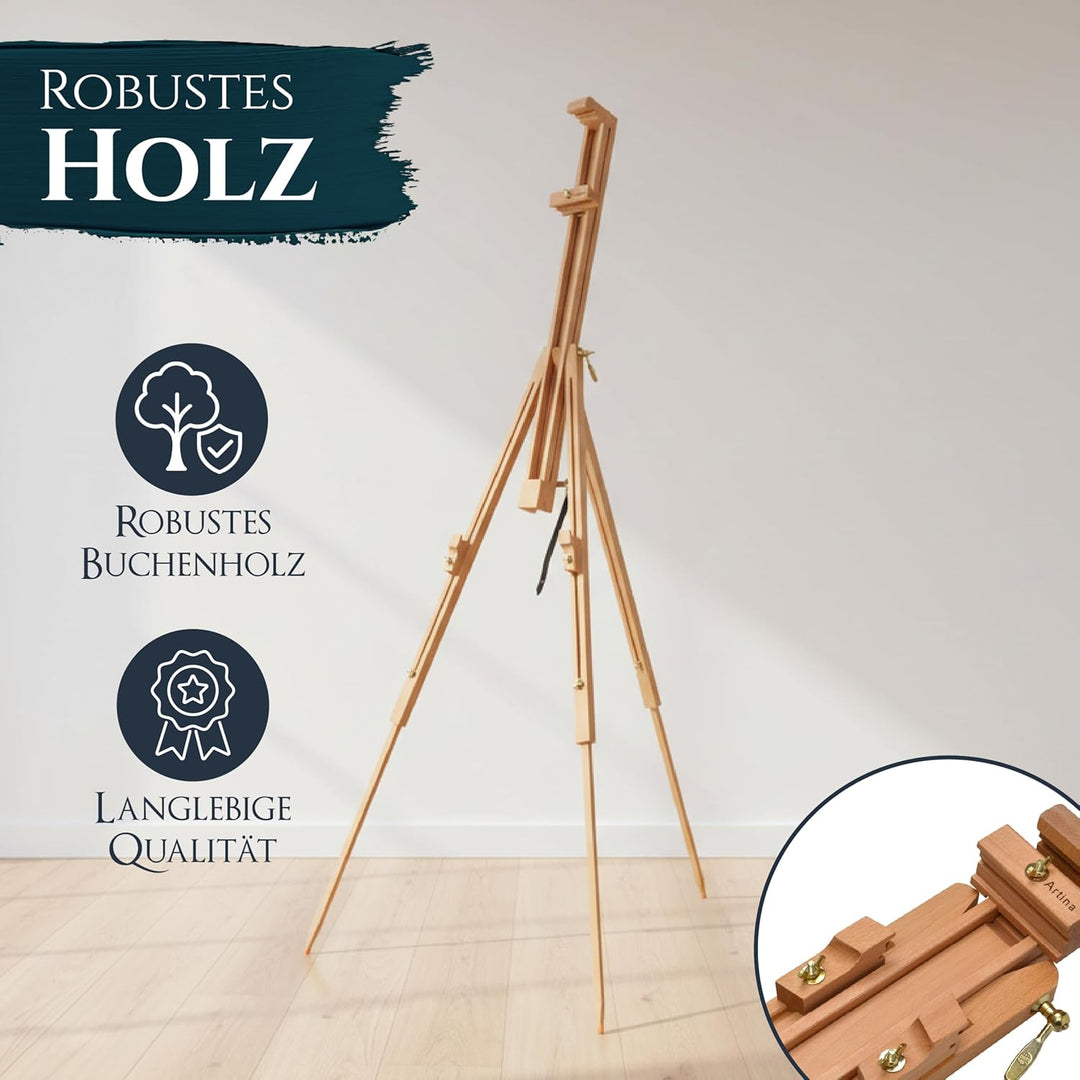 Artina Staffelei Holz für Leinwände bis 100 cm Porto – Neigungswinkel 90° div. Maltechniken Stufenlo