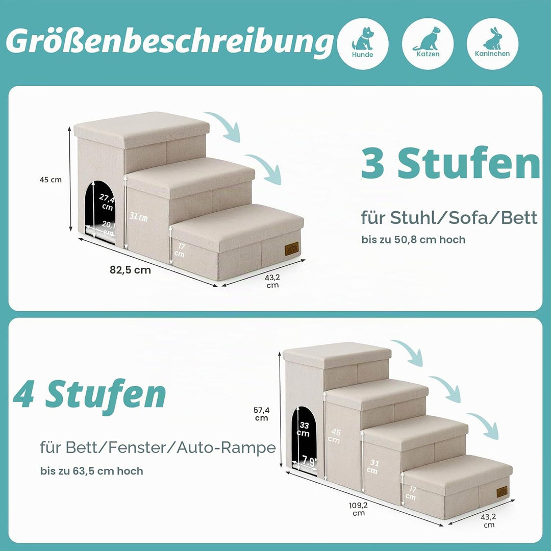 COZY KISS Hundetreppe für Kleine Hunde mit Stauraum und Katzenöffnung, Breite Haustiertreppe Faltbar