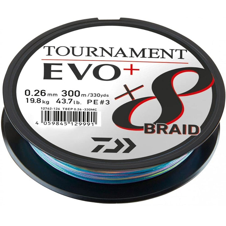 Daiwa Tournament x8 Braid EVO+, 300m, Mehrfarbig, Geflochtene Angelschnur 300m/0.12mm, 300m/0.12mm