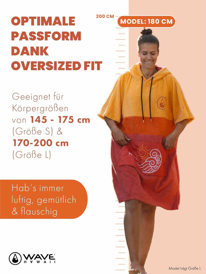 WAVE HAWAII Bade-Poncho für Damen & Herren | Grösse L, 170-200cm | 100% Baumwolle Surf-Poncho | Velo