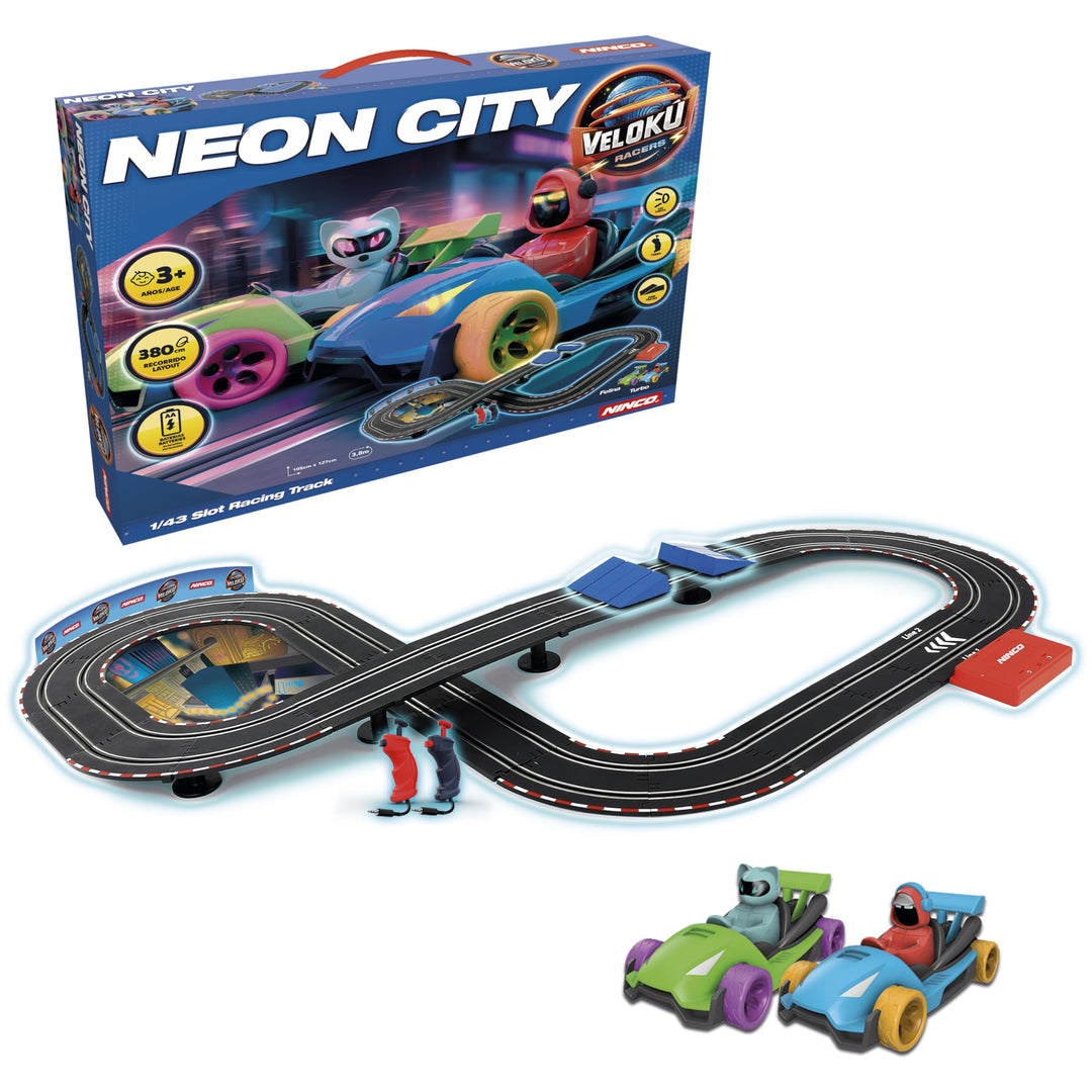 Ninco - NincoRacers Velokú Racers City Rennbahn | Slot Car Strecke 3,8m Massstab 1:43 | Autorennbahn