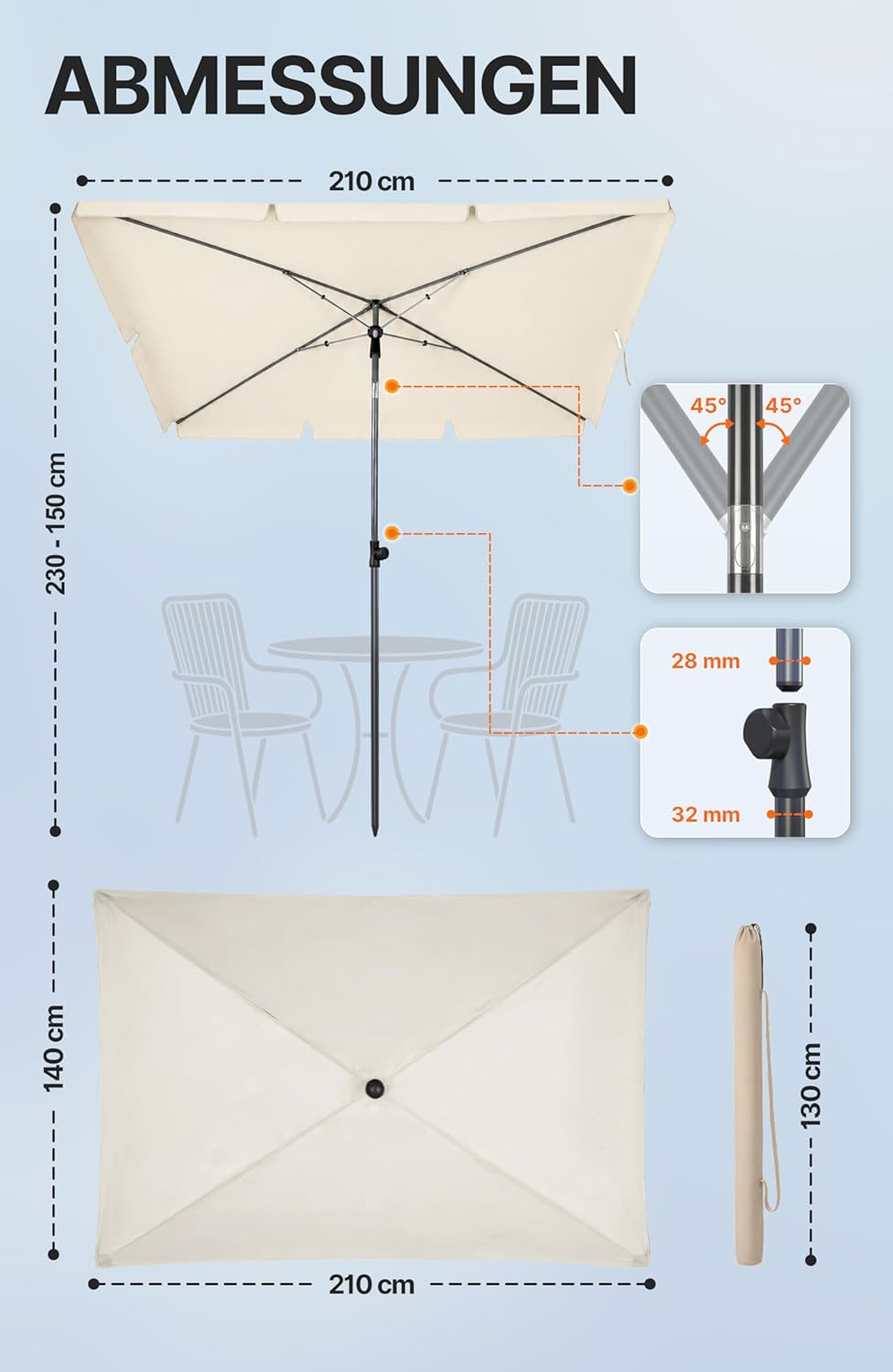 4smile SunnyShade Balkonschirm Rechteckig 210x140 cm, Sonnenschirm Balkon mit UV 50+, Sonnenschutz B