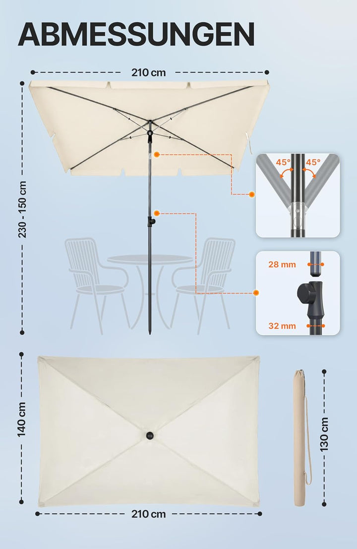 4smile SunnyShade Balkonschirm Rechteckig 210x140 cm, Sonnenschirm Balkon mit UV 50+, Sonnenschutz B
