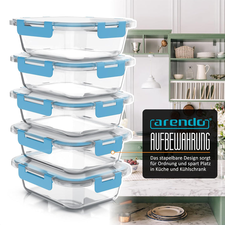 Arendo - Lunchboxen Glas - Frischhaltedosen für Lebensmittel mit Deckel luftdicht - 5er Set - 1000 m