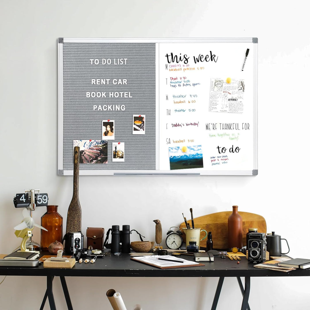 MAKELLO Kombitafel 90x60cm Whiteboard und Buchstaben Tafel, Pinnwand Magnettafel mit Aluminiumrahmen