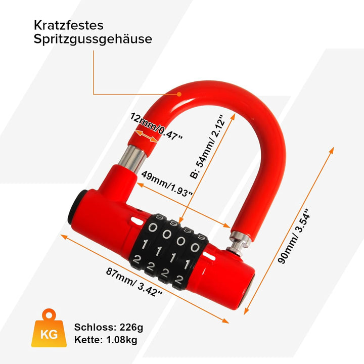 Fahrradschloss Zahlenschloss 4 Stellig, Kettenschloss Fahrrad mit Mini Bügelschloss, Anti-Diebstahl