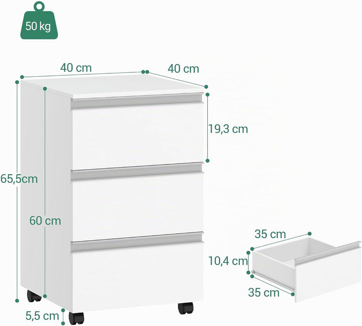 Hzuaneri Rollcontainer 40x40x65.5cm 3 Schubladen weiss | Mobil, 3 Schubl., stabil. Für A4/Letter. Bü