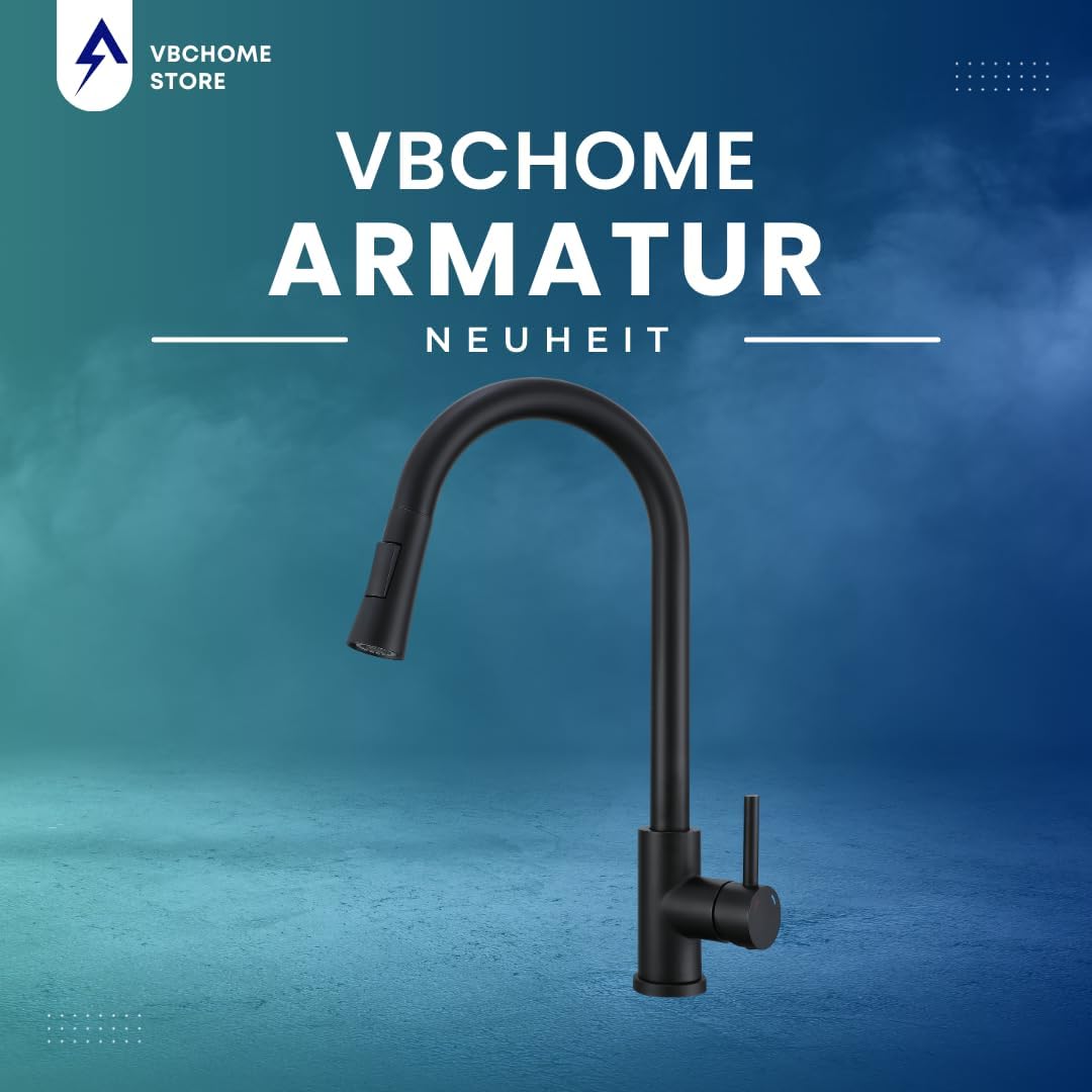VBChome Küchenarmatur Schwarz mit ausziehbarem Auslauf, 360° drehbar, mit Knopf für Strahlarten – mo